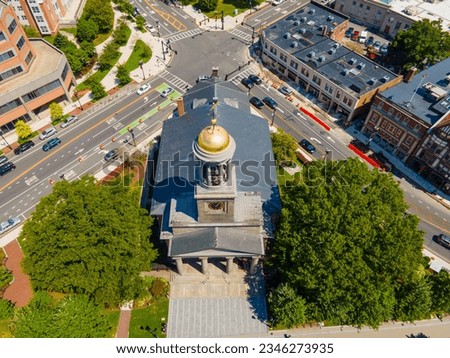 United First Parish Church was built in 1828 in downtown Quincy, Massachusetts MA, USA. Presidents John Adams and John Quincy Adams are buried in the family crypt beneath the church.  Royalty-Free Stock Photo #2346273935
