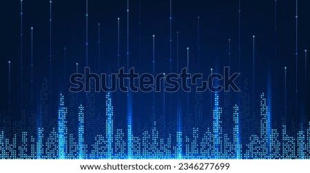 Smart city technology in the form of pixels with lines that connect with the city in a unique way. conveys the technology of A city that takes advantage of modern and intelligent technology innovation Royalty-Free Stock Photo #2346277699