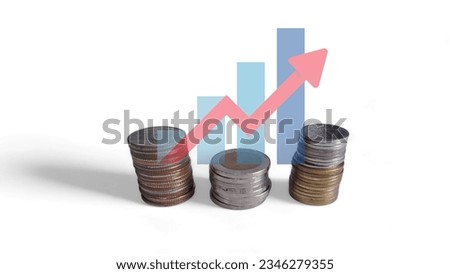 Rising Prosperity: Stacked Coins alongside Upward-Trending Bar Graph on White Background - Illustrating the Power of Savings