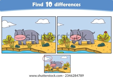 Funny cartoon hippopotamus. Find 10 differences. Kids Education games. Cartoon vector illustration Royalty-Free Stock Photo #2346284789