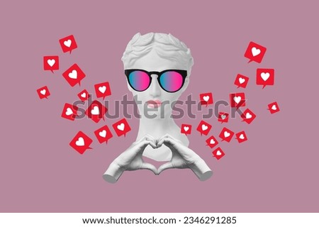 Young woman headed by antique statue in sunglasses shows heart shape with hands and media like symbols on pink color background. 3d trendy collage in magazine style. Contemporary art. Modern design