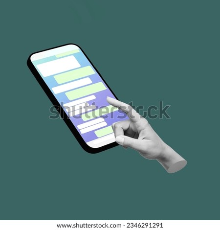 Mobile phone with callouts with empty copy spaces for text messages, hand pointing to screen on green color background. Trendy collage in magazine style. Contemporary art. Modern design. Having a chat