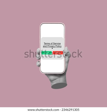 Antique statue's hand holding mobile phone with accept and decline buttons with Terms of Service and Privacy Policy on color background. Trendy collage in magazine style. Modern design. Making choice Royalty-Free Stock Photo #2346291305