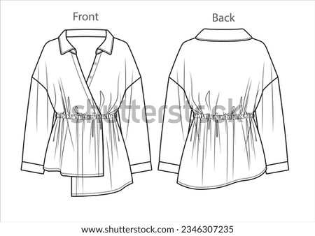Vector drop shoulder blouse with elasticized waistband fashion CAD, woman long sleeve wrap shirt technical drawing, sketch, template, flat, mock-up. Woven fabric top with front, back view, white color Royalty-Free Stock Photo #2346307235