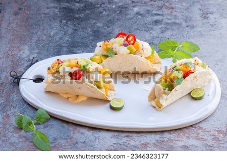 Ceviche Fish Tacos with Avocado, Mango, Red Onion, Chilli and Lime