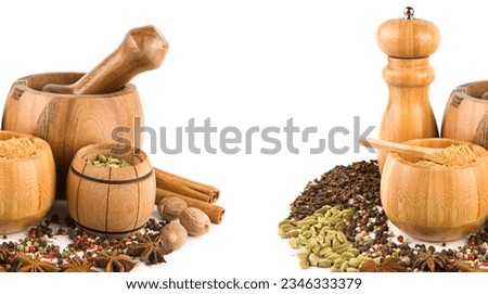 Mortar with pestle, hand mill and spices set isolated on white background. Free space for text. Wide photo. Collage.
