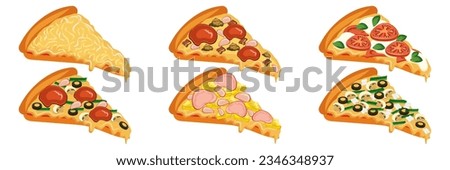Pizza slice set. Traditional italian fast food. Top view meal. European snack. Vector clip art illustration Isolated white background