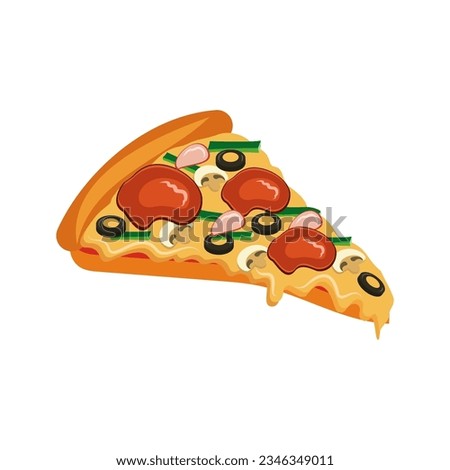 Pizza slice. Traditional italian fast food. Top view meal. European snack. Vector clip art illustration Isolated white background