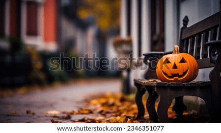 Spooky Halloween Jack O Lantern. Carved pumpkin with light. Shallow field of view. Royalty-Free Stock Photo #2346351077
