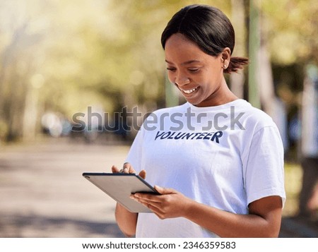 Woman, tablet and volunteering in park on social media FAQ, blog or community service website. African person on digital technology for earth day information, NGO or nonprofit sign up in nature Royalty-Free Stock Photo #2346359583