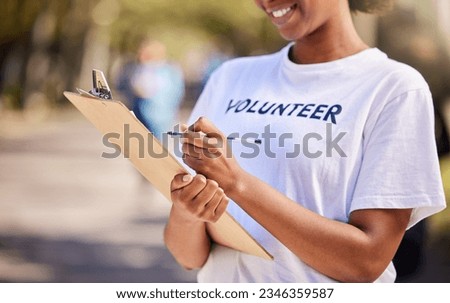 Woman, checklist and volunteering in park for climate change, outdoor inspection or community service. Happy person writing on clipboard for earth day, NGO registration or nonprofit sign up in nature