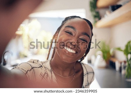 Smile, selfie and face of a young black woman for social media, happiness or positive attitude. Portrait of African person with freedom, motivation and confidence to relax at home for profile picture