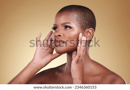 Face, makeup and beauty of a black woman in studio for self care, skin glow and cosmetics. Headshot of african person or aesthetic model with facial shine and eyelash extension on a beige background