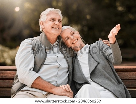 Love, park bench and senior happy couple relax, bonding and enjoy garden view, fresh air and nature wellness. Freedom, marriage and outdoor man, old woman or retirement people on romantic date Royalty-Free Stock Photo #2346360259