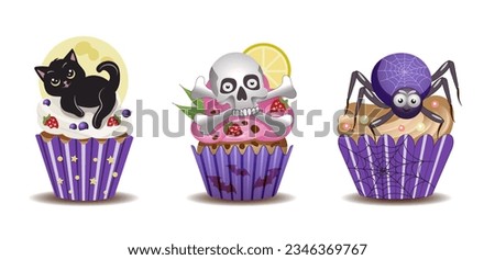 Hand painted festive Halloween cupcake set. Cream dessert, fruit, black cat, full moon, skull and bones, spider, spider web. Decorative design items on white background. Vector illustration drawing. 