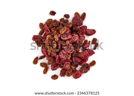 Dry organic cranberries, sweet berries, close-up, isolated on white background