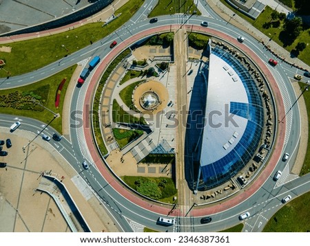  The most characteristic objects in the city in Silesia aerial view. Famous buildings, architecture and objects in Katowice in beautiful summer weather from air. Royalty-Free Stock Photo #2346387361