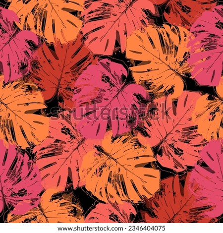 Tropical floral seamless pattern with hibiscus flowers in magenta, pink and orange colors. Pattern with monstera leaves. 