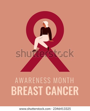Woman with pink ribbon as Breast cancer awareness symbol. Poster of support and solidarity with females fighting oncological disease. Empty space for text. Vector illustration