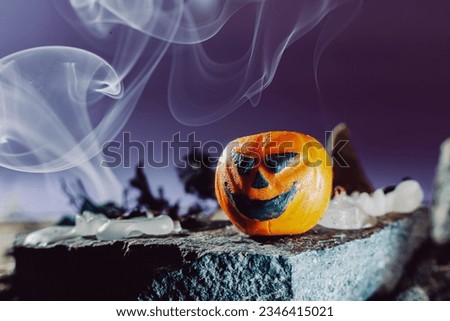Halloween pumpkin on a rock and night mist in a scary forest on a Halloween night space for text.