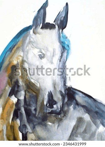 White horse head on gray for interior solutions or fabrics. Watercolor hand drawn horse portrait for business concepts, wallpaper, posters, prints on T-shirts, fashion trends, textiles, etc. Vector