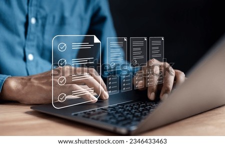 Online survey and digital form checklist by laptop computer, Document Management Checking System, online documentation database and process manage files.	 Royalty-Free Stock Photo #2346433463