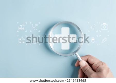 Health insurance concept. people magnifier holding plus and healthcare medical icon, health and access to welfare health concept.