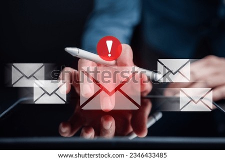 Alert Email inbox and spam virus with warning caution for notification on internet letter security protect, junk and trash mail and compromised information.	
