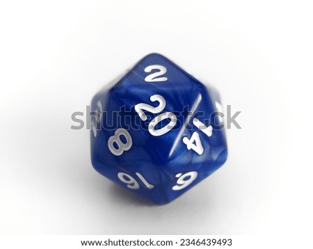 A blue D20 twenty sided dice isolated on white. RPG dice.  Icosahedron DND dice Royalty-Free Stock Photo #2346439493