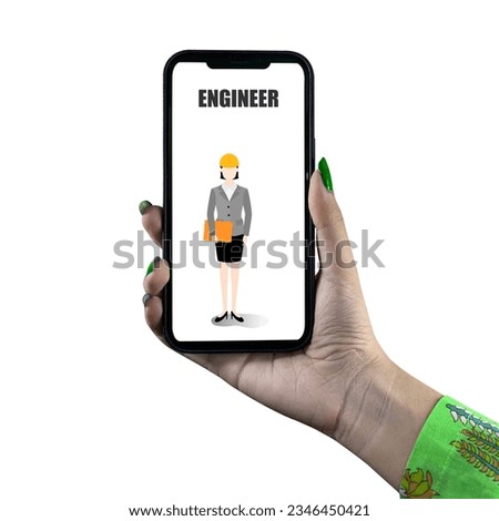 Engineer clipart female right hand-holding smartphone isolated on white background.
