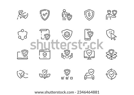 Insurance lines icon set. Insurance genres and attributes. Linear design. Lines with editable stroke. Isolated vector icons. Royalty-Free Stock Photo #2346464881