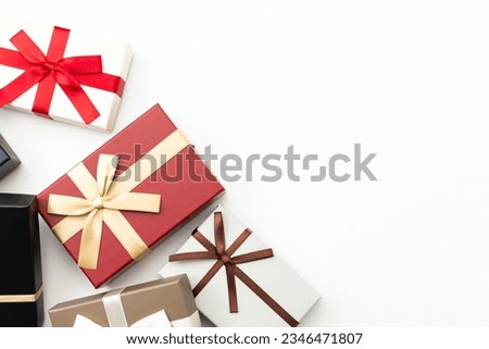 Many gift boxes on white background.