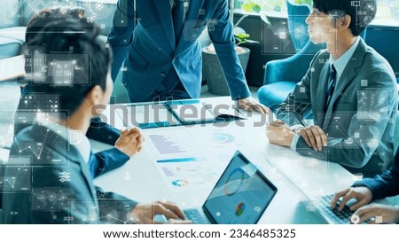 Group of businessperson meeting in office and data analysis concept. Technology of business. ERP. Enterprise Resources Planning.