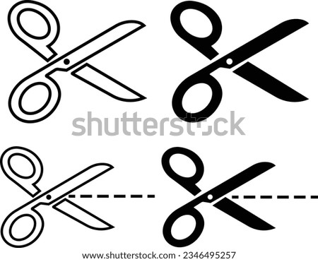 scissor icon set. Scissors icon on white background. Scissors icon with cut line . coupon dotted cutout scissor symbol. paper dash cut mark. Simple silhouette graphic design element.