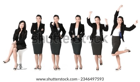 Collection of 6 full length portraits of the same Asian business woman. Isolated on white background Royalty-Free Stock Photo #2346497593