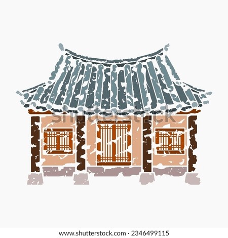 Editable Vector Illustration of Brush Strokes Style Front View Traditional Hanok Korean House Building for Artwork Element of Oriental History and Culture Related Design Royalty-Free Stock Photo #2346499115