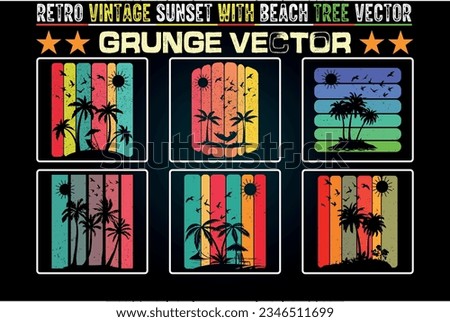 Retro Vintage Sunset Background Beach Tree Vector