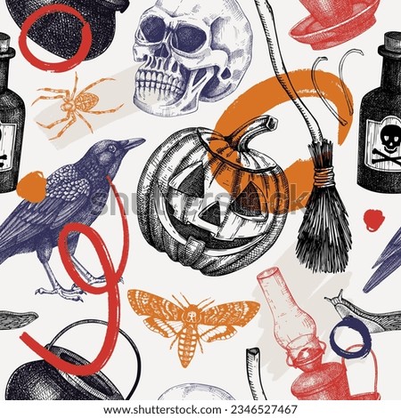 Collage style Halloween seamless pattern. Hand drawn vector illustration. Skulls, bones, pumpkin, poisonous mushrooms, snakes, raven sketches. Trendy autumn background. Abstract shapes, texture