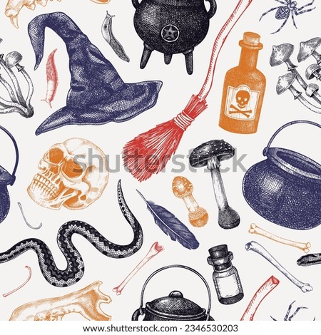 Halloween seamless pattern. Hand drawn vector illustration. Skulls, bones, pumpkin, poisonous mushrooms, snakes, raven sketches. Autumn holiday background. Halloween design elements