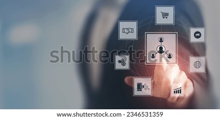 Affiliate marketing, online business model concept. Creating relationships strategy between merchants, affiliates, and customers. Generated revenue by rewarding affiliates for referring customers. Royalty-Free Stock Photo #2346531359