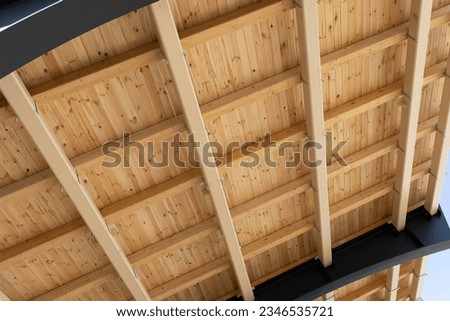 Ready Shed, Roof Construction. Building A Wooden Canopy From Boards And Structural Steel Beam, No People. Constructing And Engineering. Horizontal Plane. High quality photo