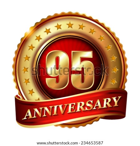 95 Anniversary golden label with ribbon. Vector illustration.