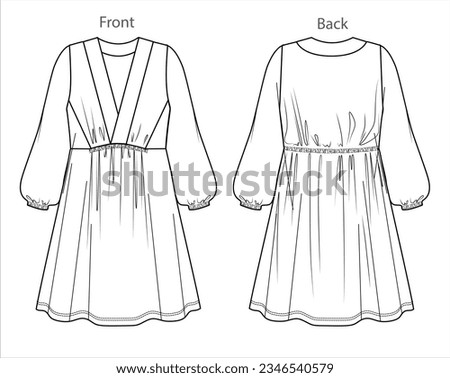 Vector long sleeved dress technical drawing, woman mini dress with frill details fashion CAD, dress sketch with elasticized waist template, sketch, flat. Woven dress with front, back view, white color Royalty-Free Stock Photo #2346540579