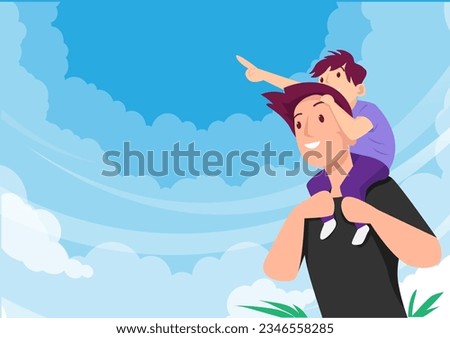 The father carries his son on his shoulders. Happy Father's Day greeting card icon in flat style. Vector cartoon illustration for cards, posters, banners, postcards, brochures, father's day.