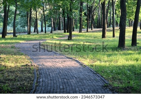 Old brick path through copse with trees and sunlight in summer Royalty-Free Stock Photo #2346573347