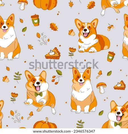 Seamless Pattern Corgi Dog Autumn. Vector illustration. 