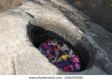 Japanese flower stone basin with floating pink flowers on water in zen spa at night in Kyoto street. High quality photo
