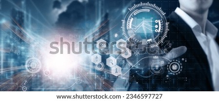 Businessman touch screen using AI for the big data analytics. Utilizing data driven decision making to improve performance. Business analytics (BA), business intelligence (BI), Data analytics concept.