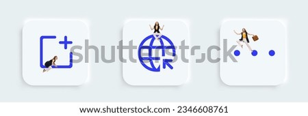 More horiz, captive portal, new window icons, buttons for web, computer and mobile app. Young businesswoman interact with signs. Graphic, web disign, digital education, gadgets concept. Ad. Royalty-Free Stock Photo #2346608761