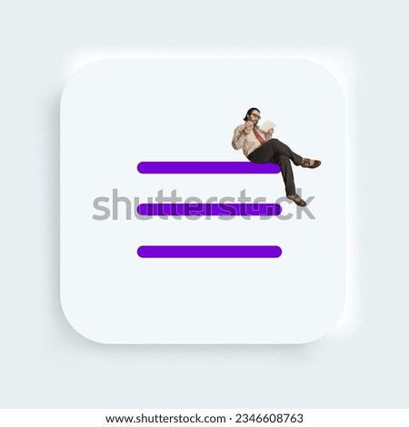 Menu icon for web, computer and mobile app. One businessman sitting and reading on highest of three lines and eating hamburger. Concept of web disign, digital education, gadgets, visual, art. Ad. Royalty-Free Stock Photo #2346608763